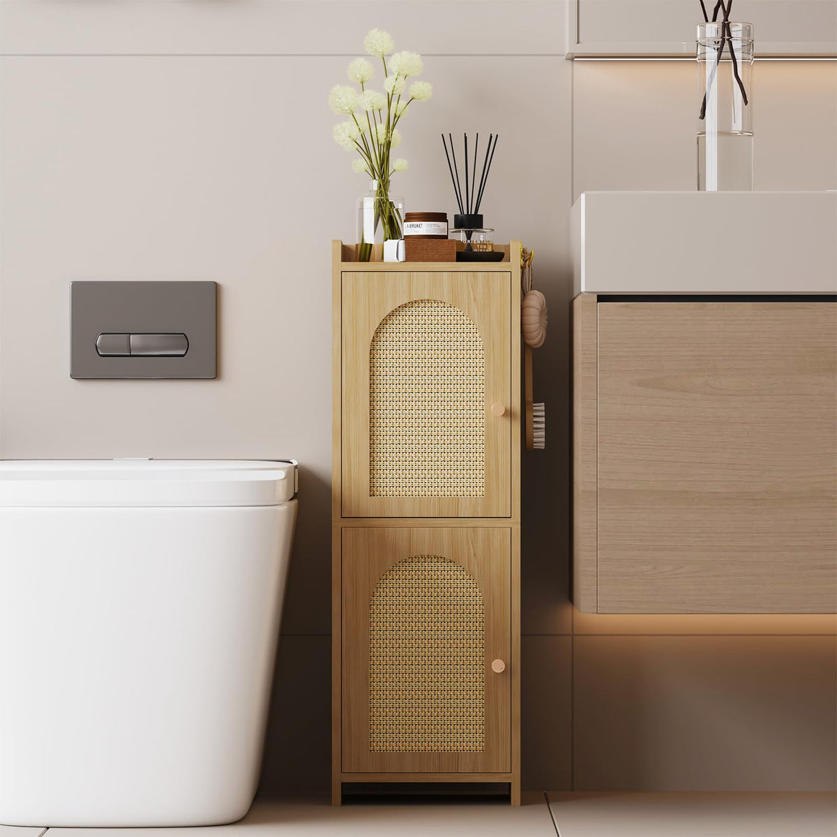 Arbuxzuy corner cabinet with two doors in oak finish, ideal for small bathrooms.