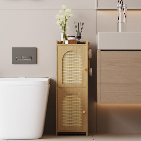 Arbuxzuy corner cabinet with two doors in oak finish, ideal for small bathrooms.