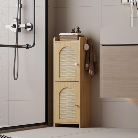 Arbuxzuy oak finish bathroom cabinet hides essentials behind two doors.
