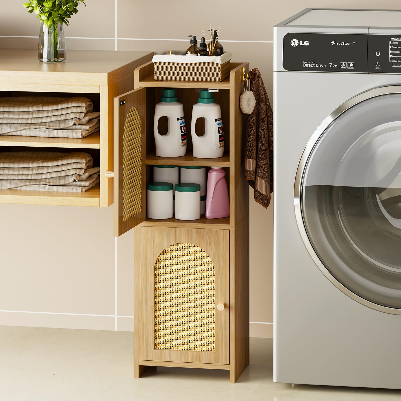 Arbuxzuy two-hooks cabinet provides towel storage in the bathroom.