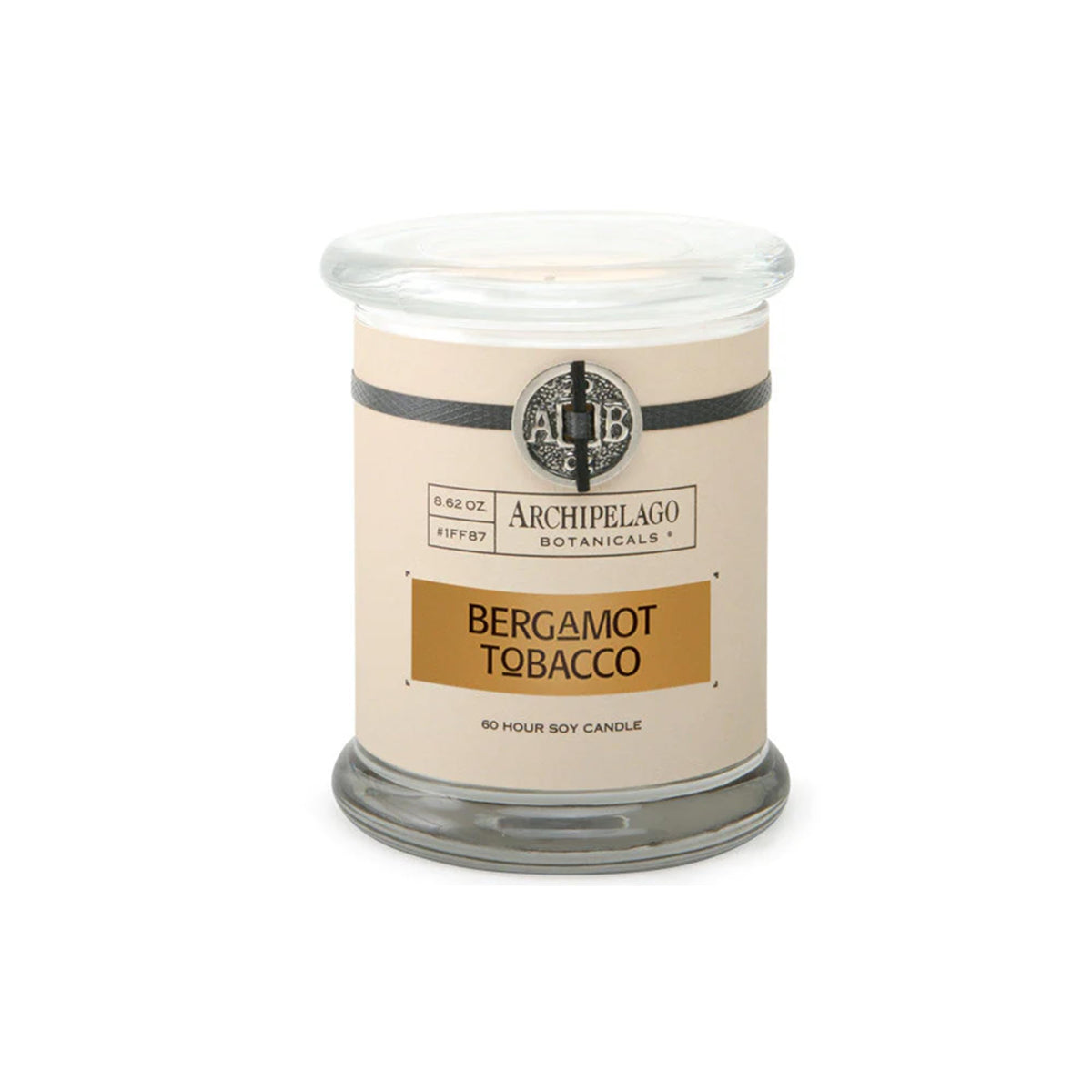 Archipelago Botanicals Bergamot Tobacco candle in glass jar, evoking clean, uplifting ambience.