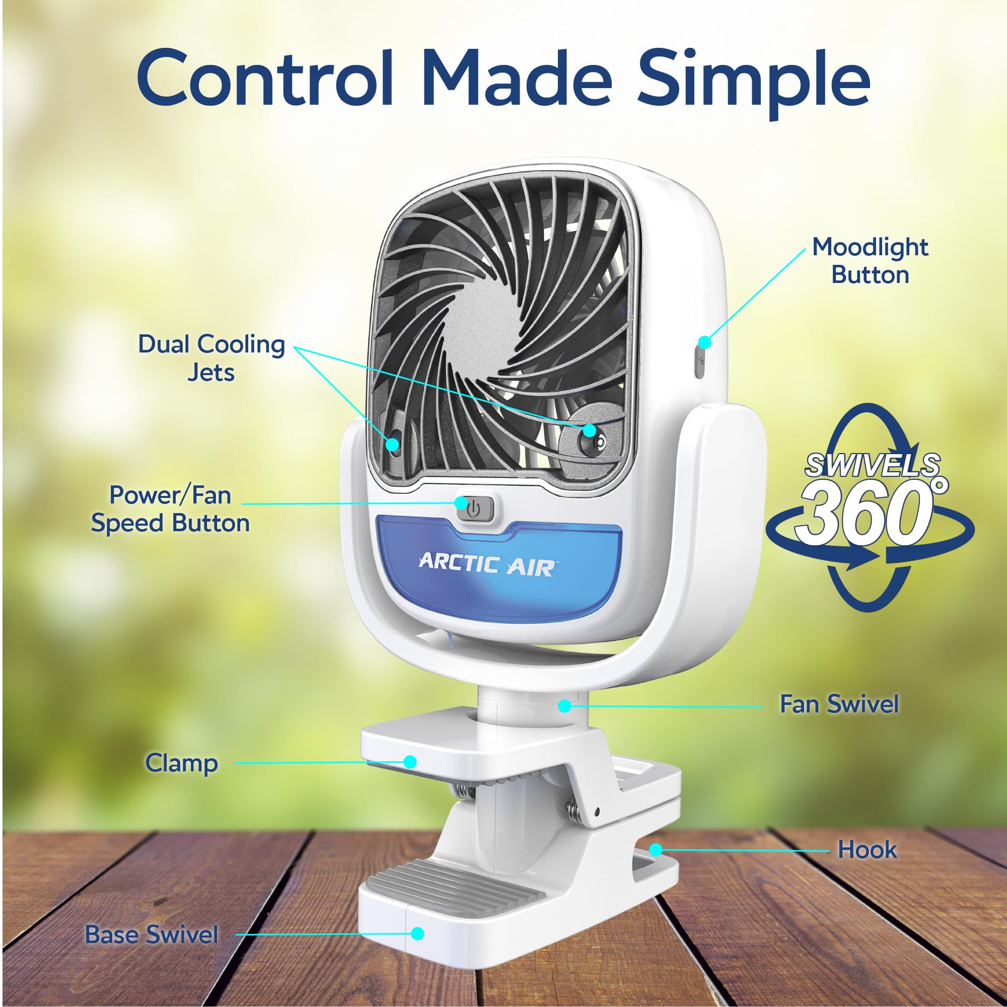 Arctic Air Grip Go 360-degree swivel head directs airflow exactly where you need it.