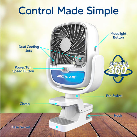 Arctic Air Grip Go 360-degree swivel head directs airflow exactly where you need it.