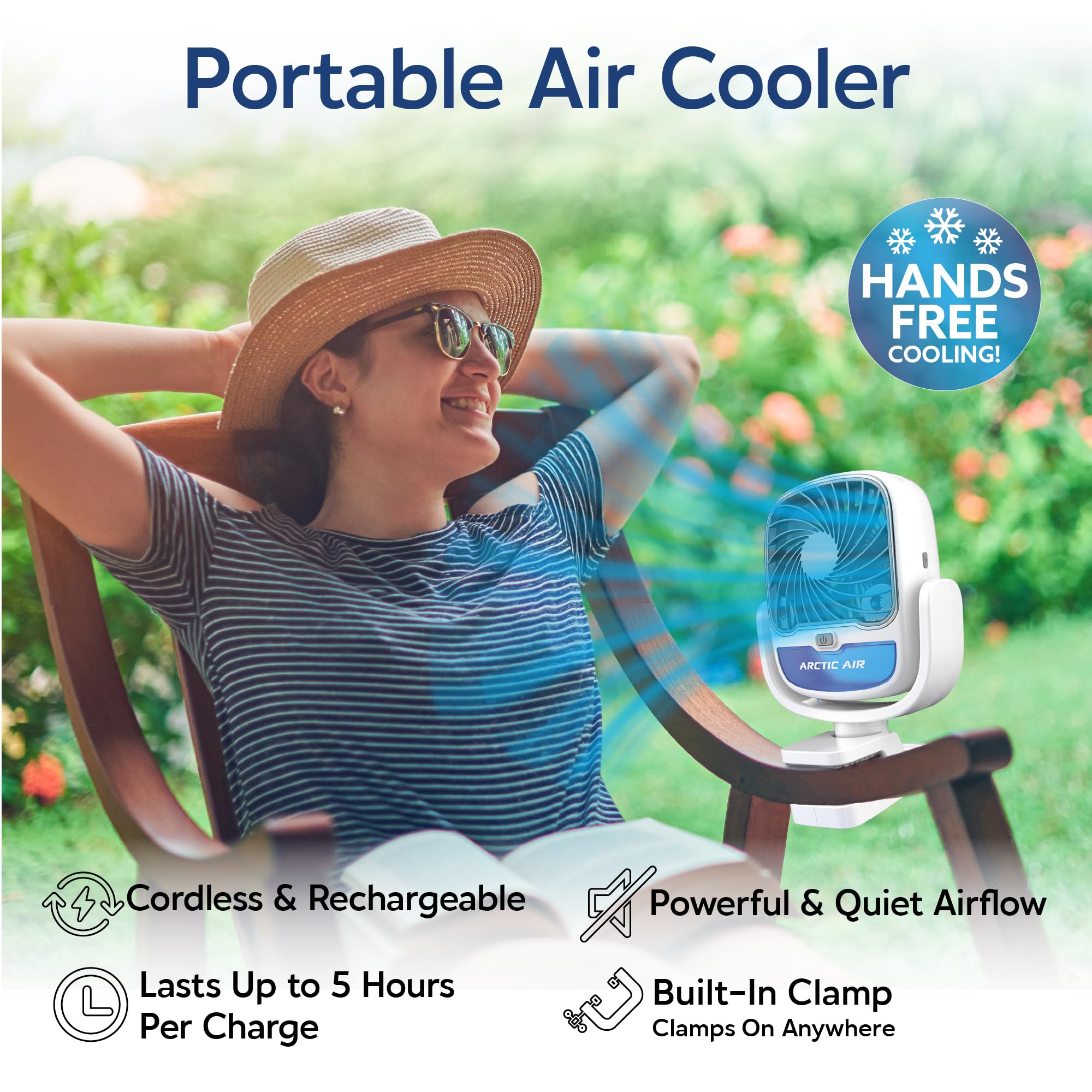 Arctic Air Grip Go clamp attachment securely mounts on strollers or bikes for portable cooling.