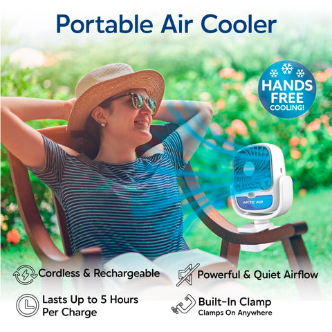 Arctic Air Grip Go clamp attachment securely mounts on strollers or bikes for portable cooling.