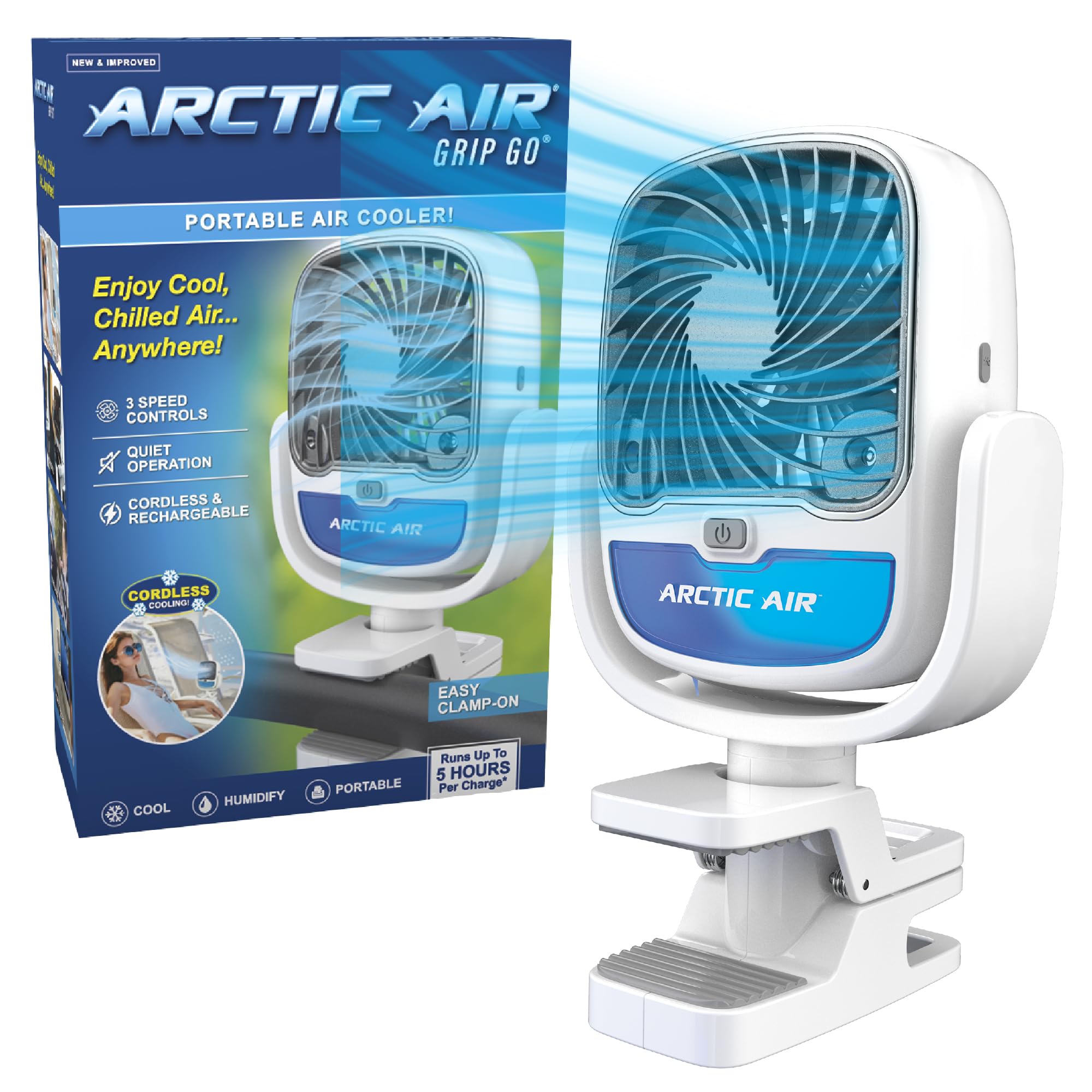 Arctic Air Grip Go evaporative cooler on a desk delivers instant cooling relief.