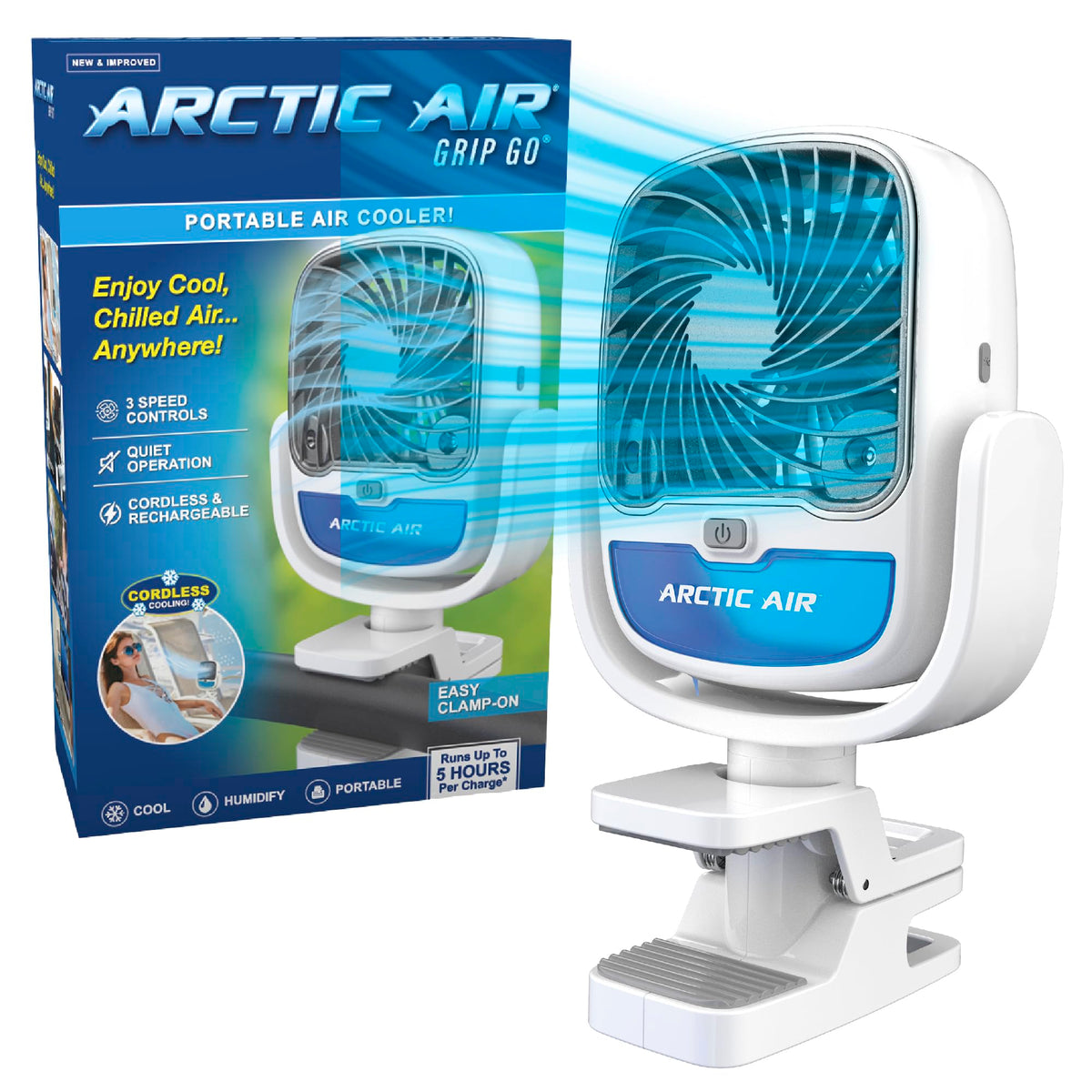 Arctic Air Grip Go evaporative cooler on a desk delivers instant cooling relief.