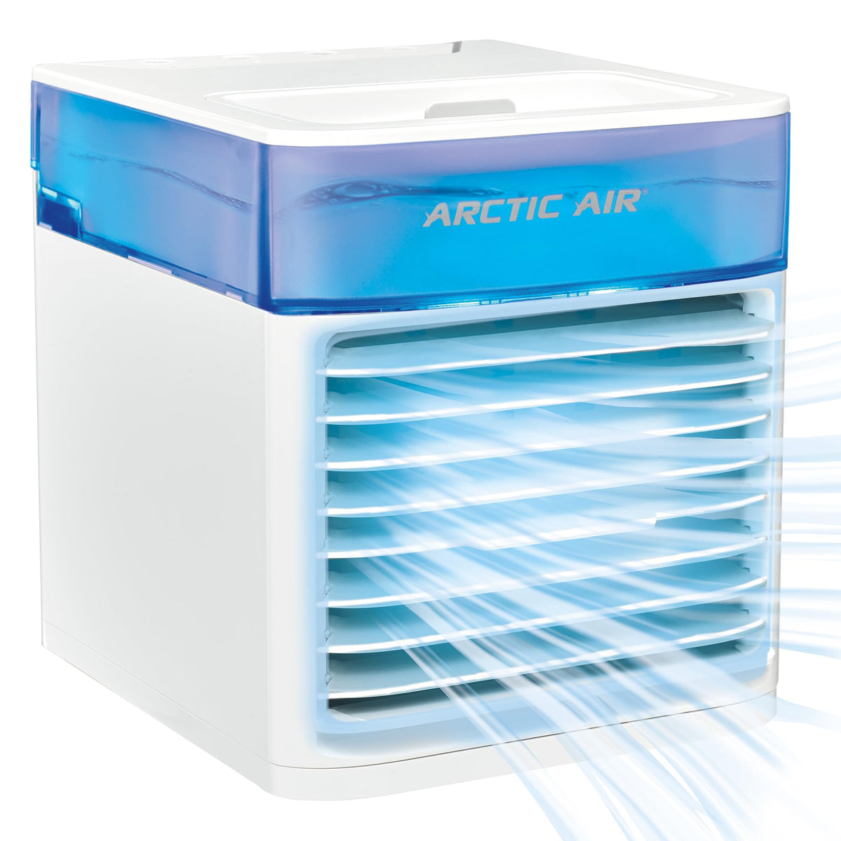 Arctic Air Pure Chill Deluxe top-fill water tank cooling at desk or nightstand.