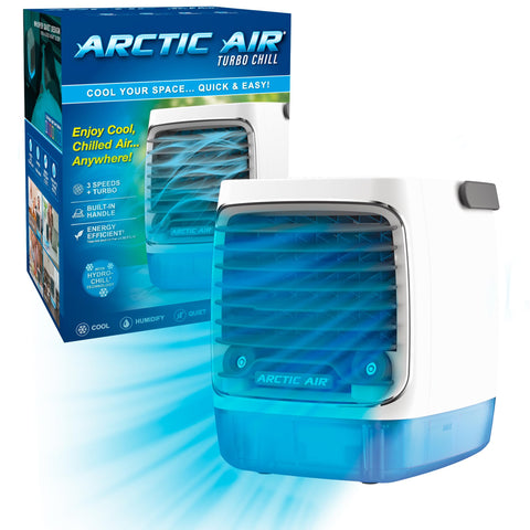 Arctic Air Turbo Chill water tank shows quick, easy refill for personal cooling.