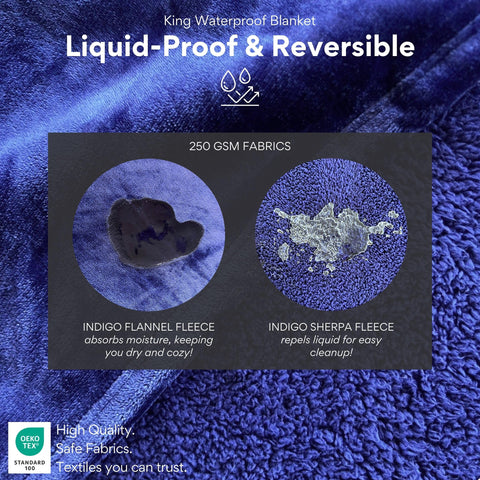 ARDORI Indigo king blanket on bed acts as versatile protector against spills