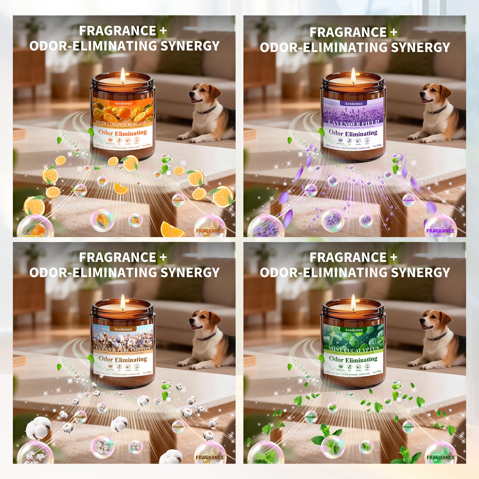 Aredenua living room scene demonstrates versatile odor management with four-pack candles.