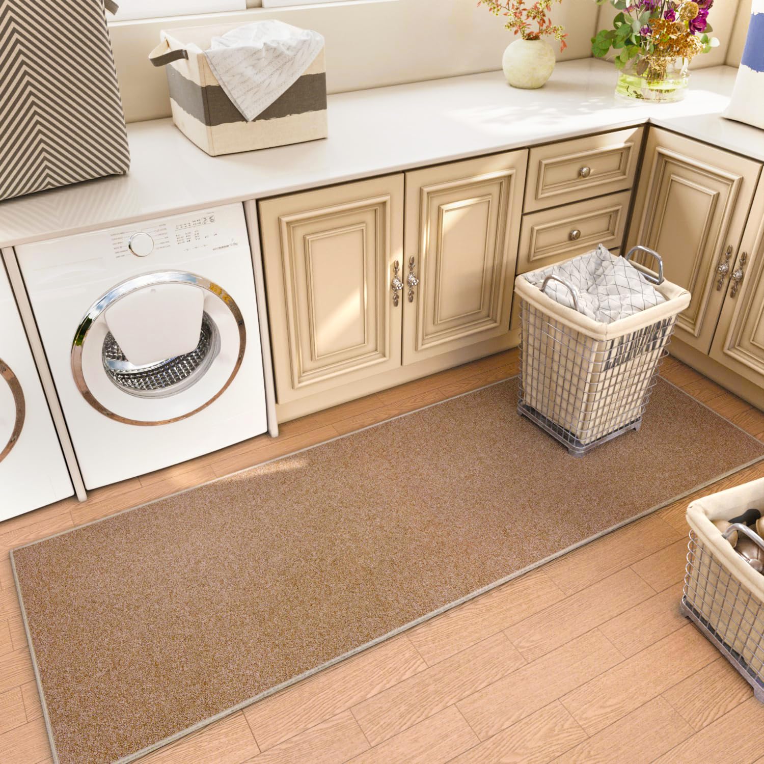 AREDO kitchen hallway rug features pointillism brown texture to elevate decor.