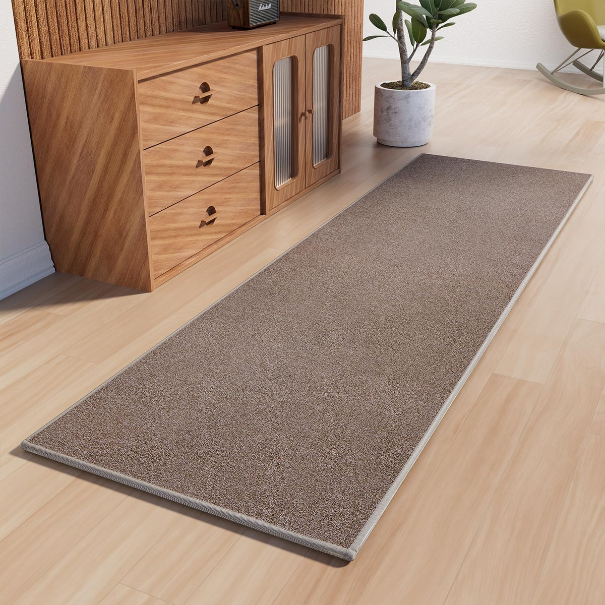 AREDO runner rug with non-slip backing in brown provides stable placement for high-traffic areas.