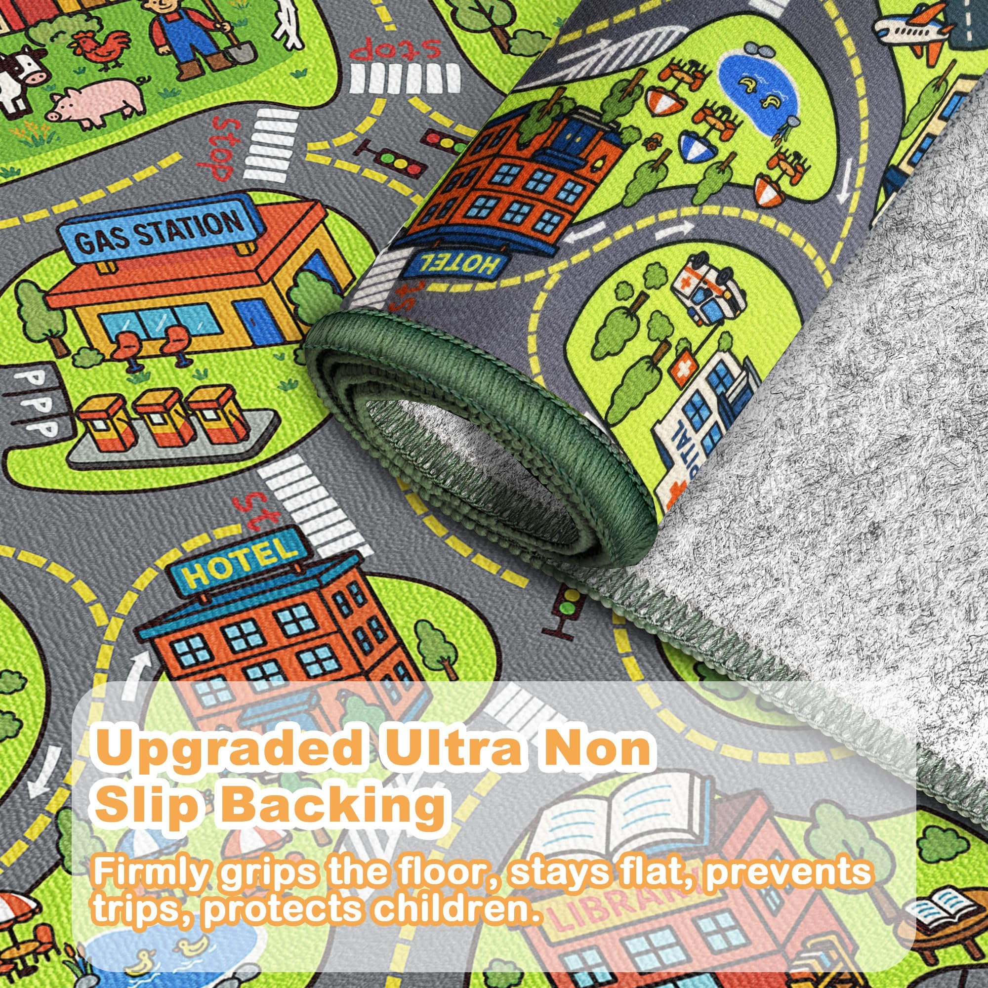 Arenarug city map design features recognizable landmarks to spark learning through play.