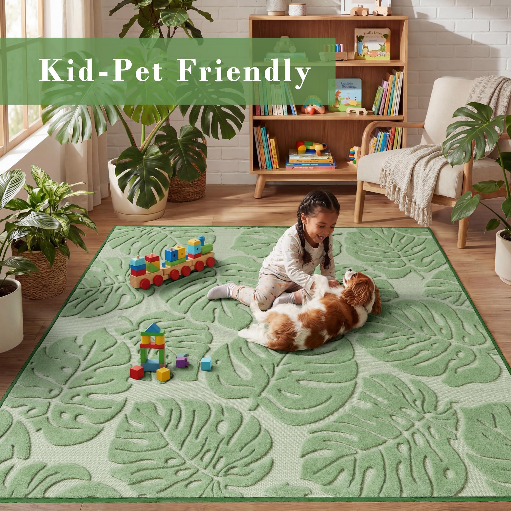 Arenarug Monstera rug adds tropical style to nursery or dining spaces safely.
