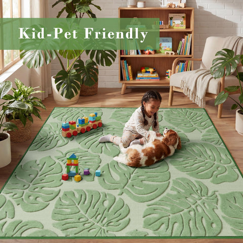 Arenarug Monstera rug adds tropical style to nursery or dining spaces safely.