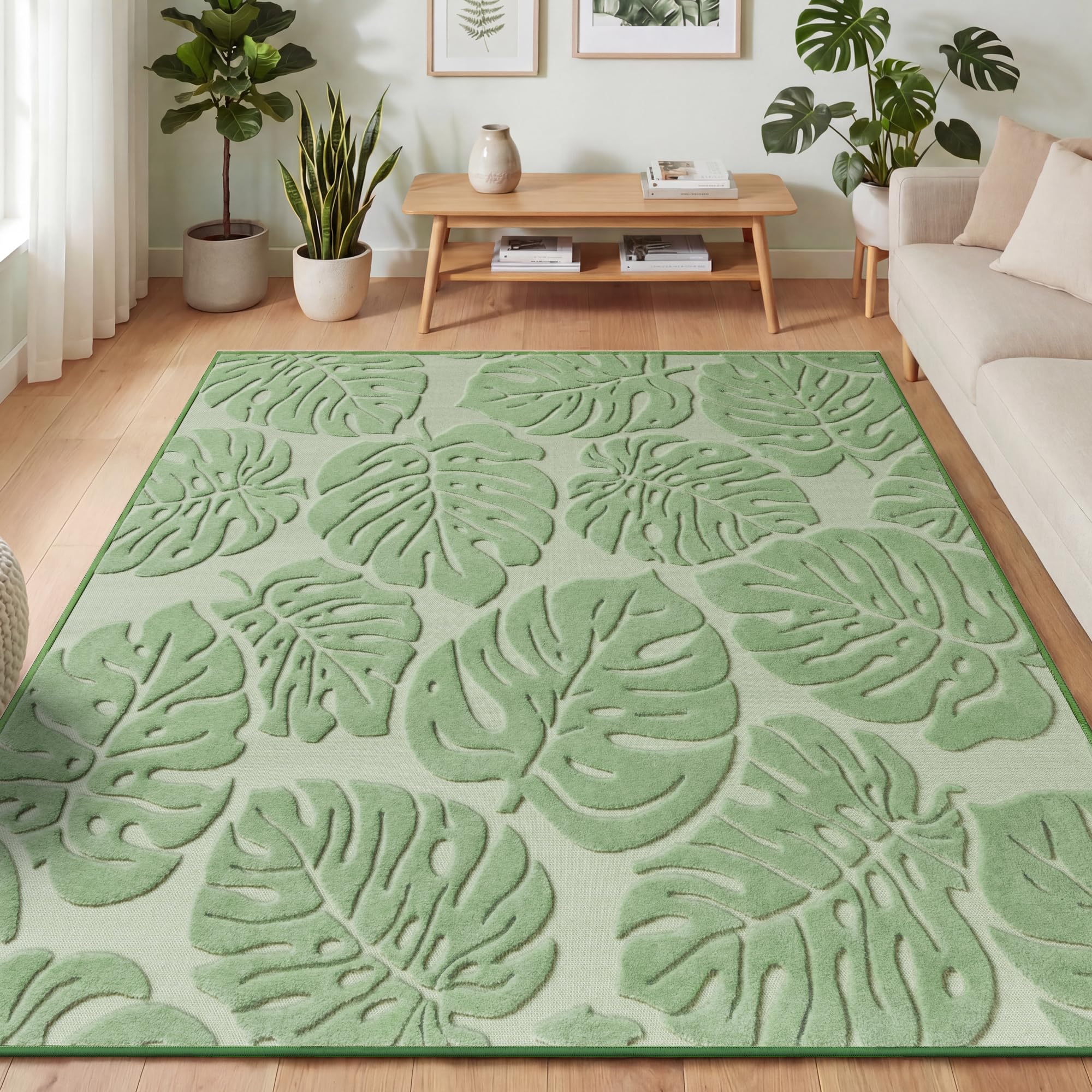 Arenarug sage green Monstera area rug full view showcases textured high-low pile for visual depth.