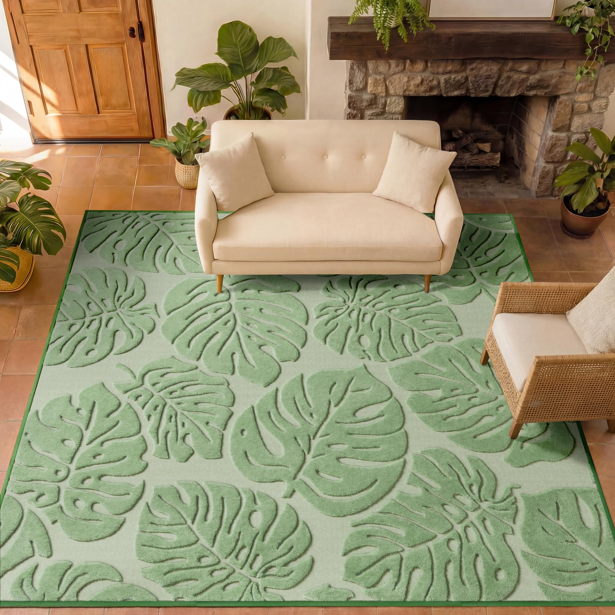Arenarug sage green rug suits living rooms, bedrooms, or home offices with tropical flair.