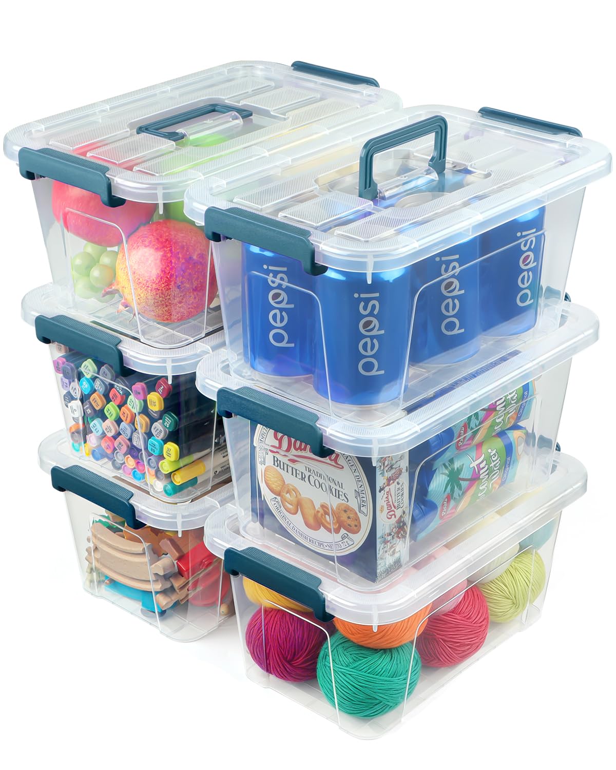 AREYZIN 7-quart blue-lidded storage bin front view for easy organization.