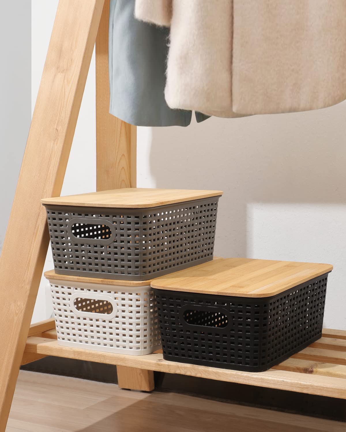 AREYZIN baskets with hollow handles ease pulling from high shelves.
