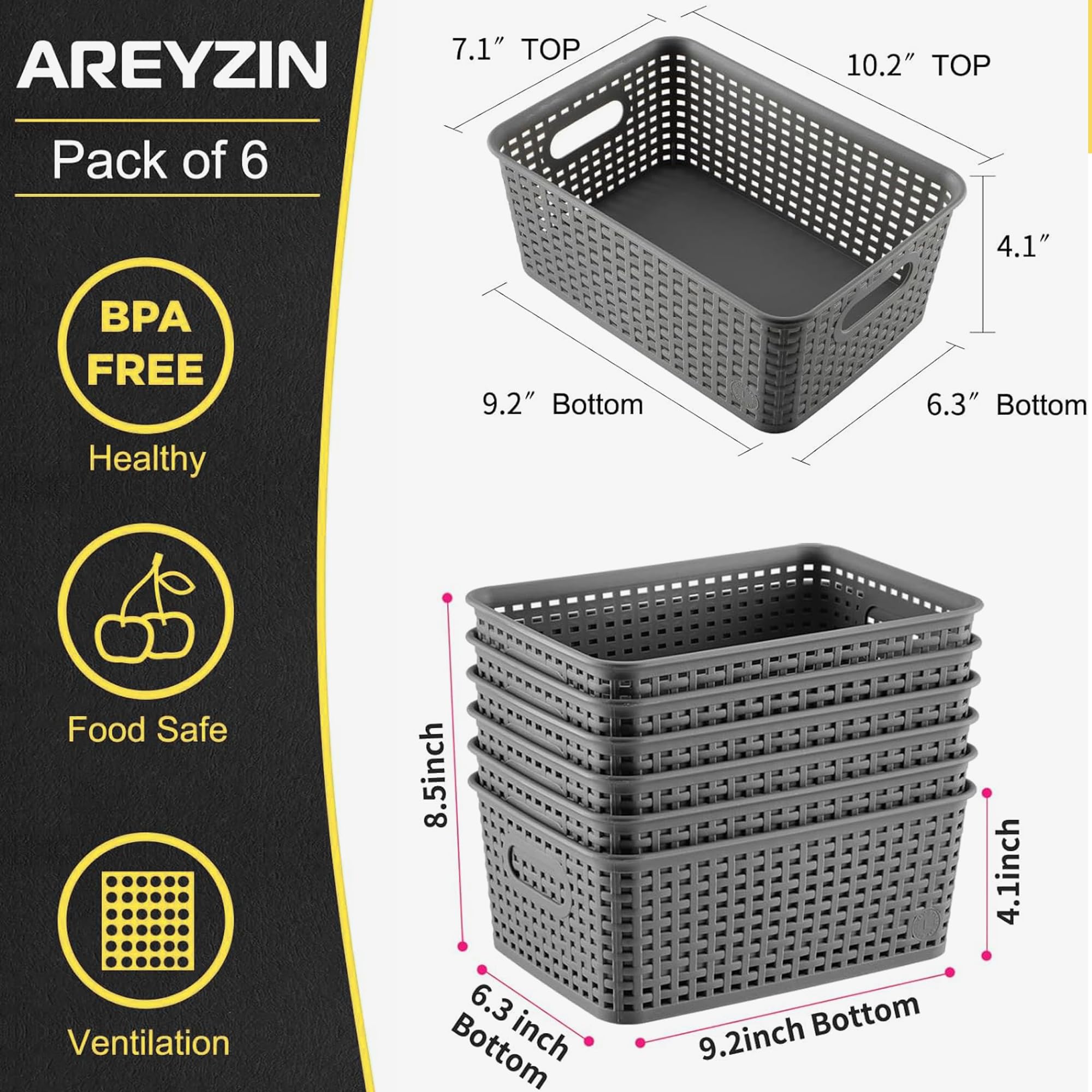 AREYZIN plastic storage bins show easy pull handles for quick access