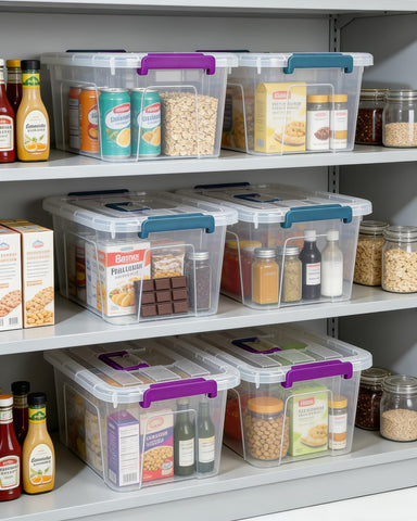 AREYZIN secure buckle latches keep lids in place on shelves.