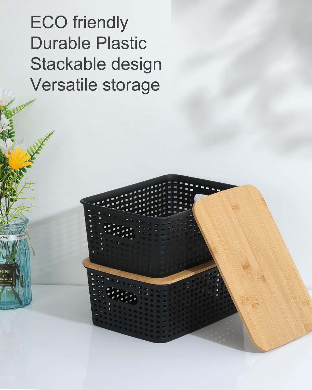AREYZIN stackable storage bins in black maximize space in small rooms.