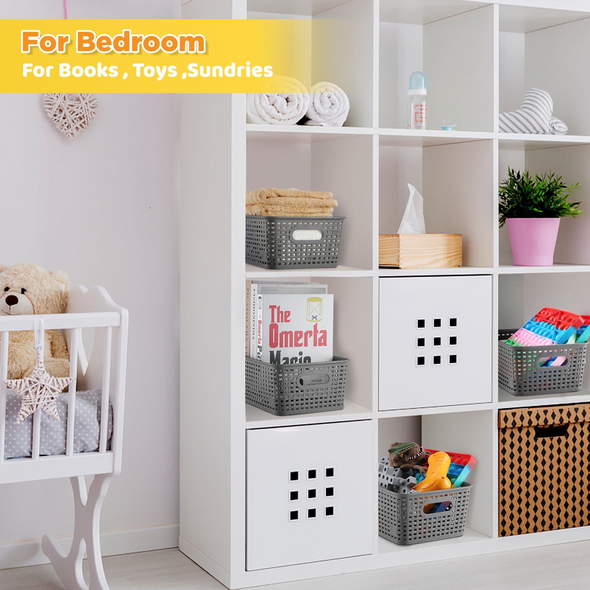 AREYZIN woven-look plastic bins organize odds and ends in drawers and cubbies