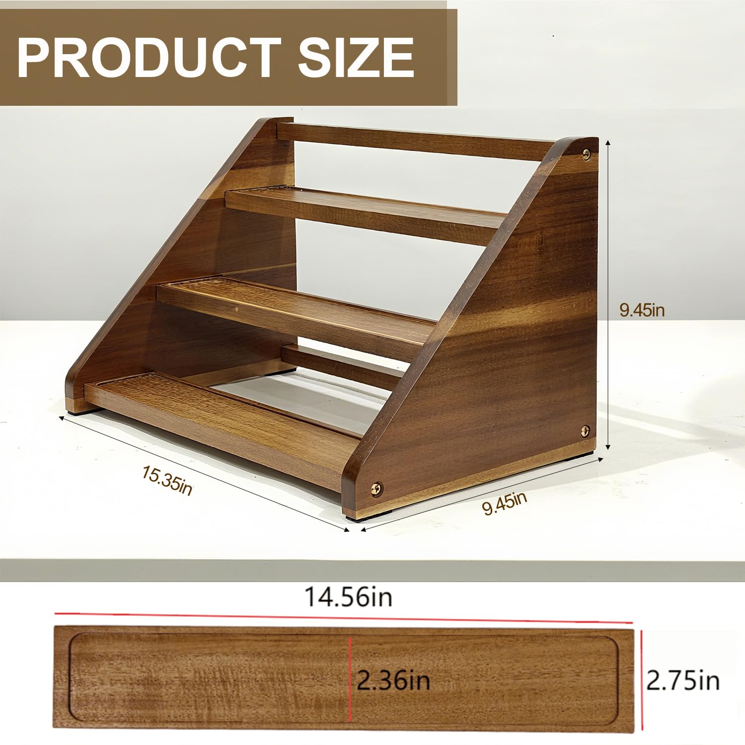 Arflo Acacia spice rack front view, clear tiers for quick spice selection.
