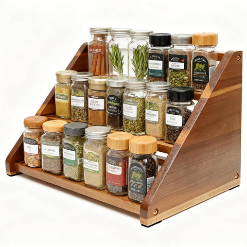 Arflo Acacia spice rack side view, sturdy 3-tier design for easy spice access.