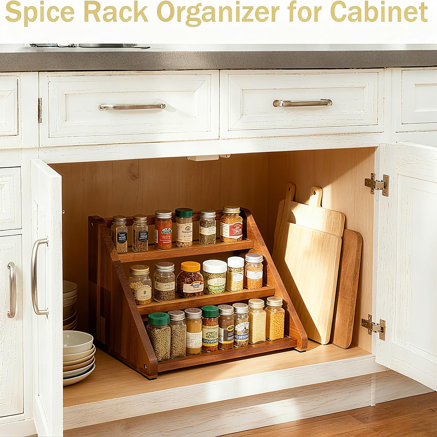Arflo Acacia spice rack assembled in kitchen for tidy storage.