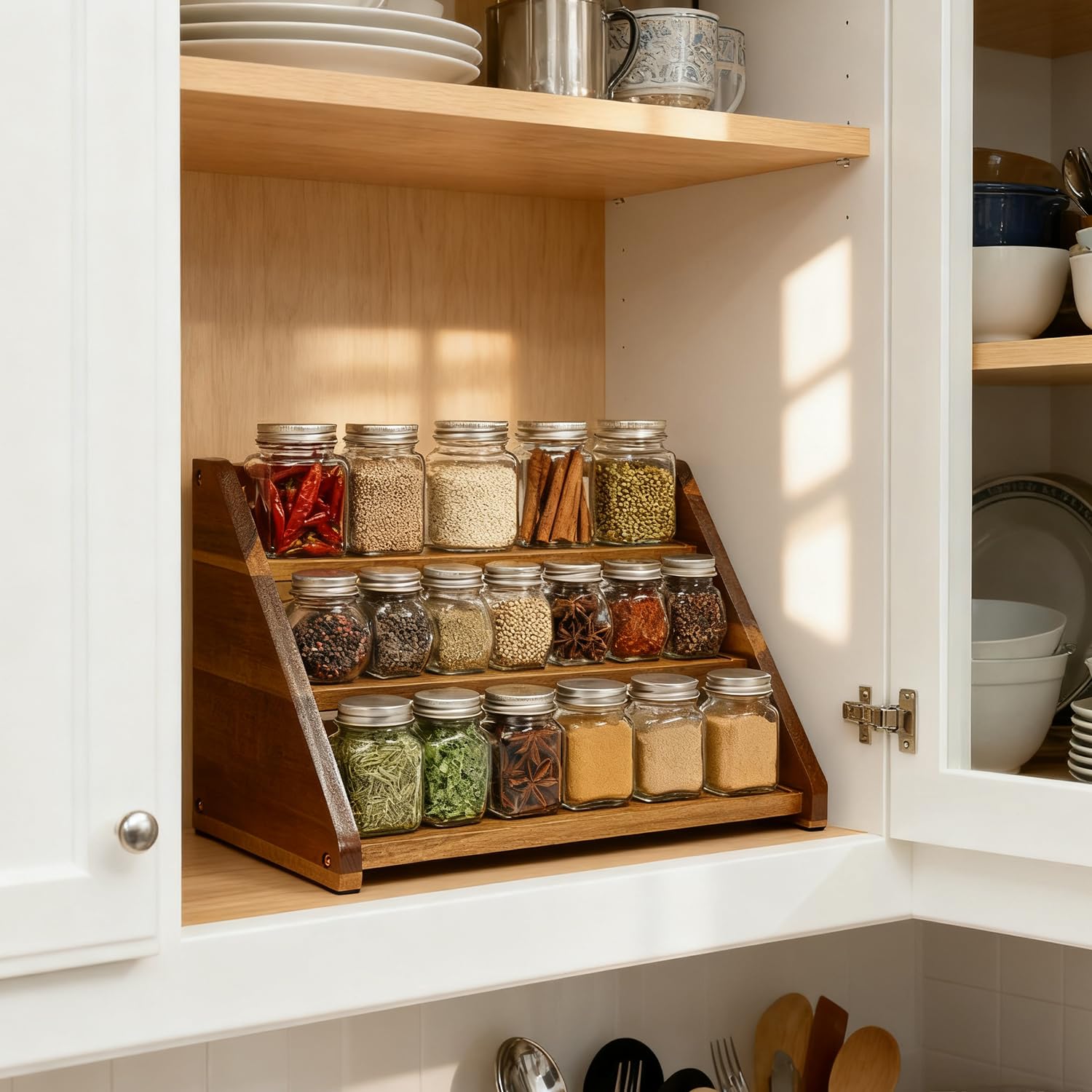 Arflo Acacia spice rack countertop display keeps jars within reach.