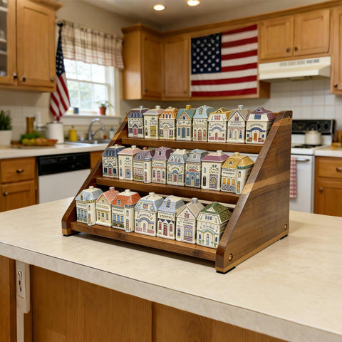 Arflo Acacia spice rack grooves detail secures jars in place.