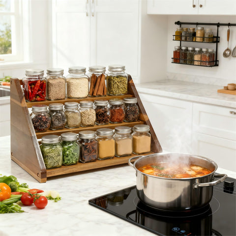 Arflo Acacia spice rack measure guide helps fit in cabinet.