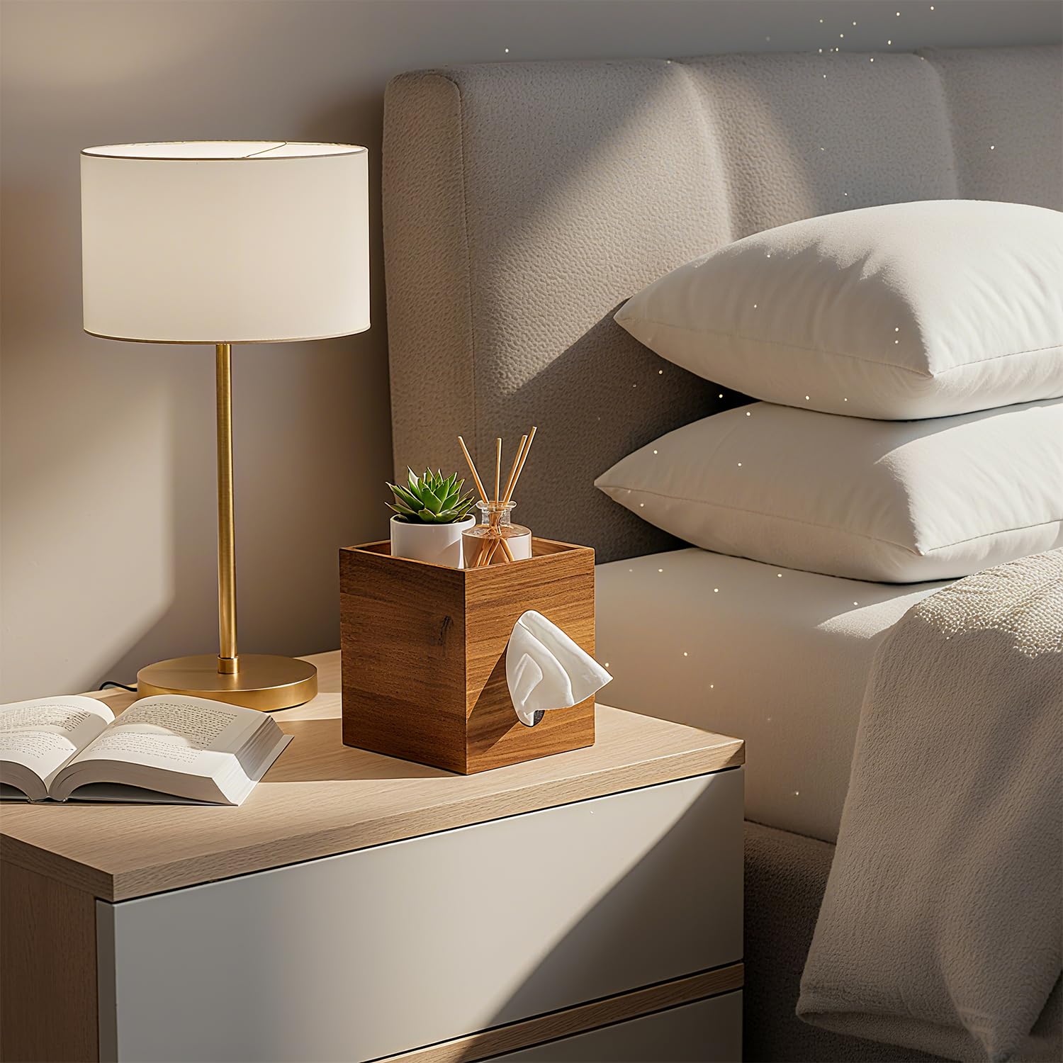 Arflo tissue box cover on bedroom nightstand next to decor items