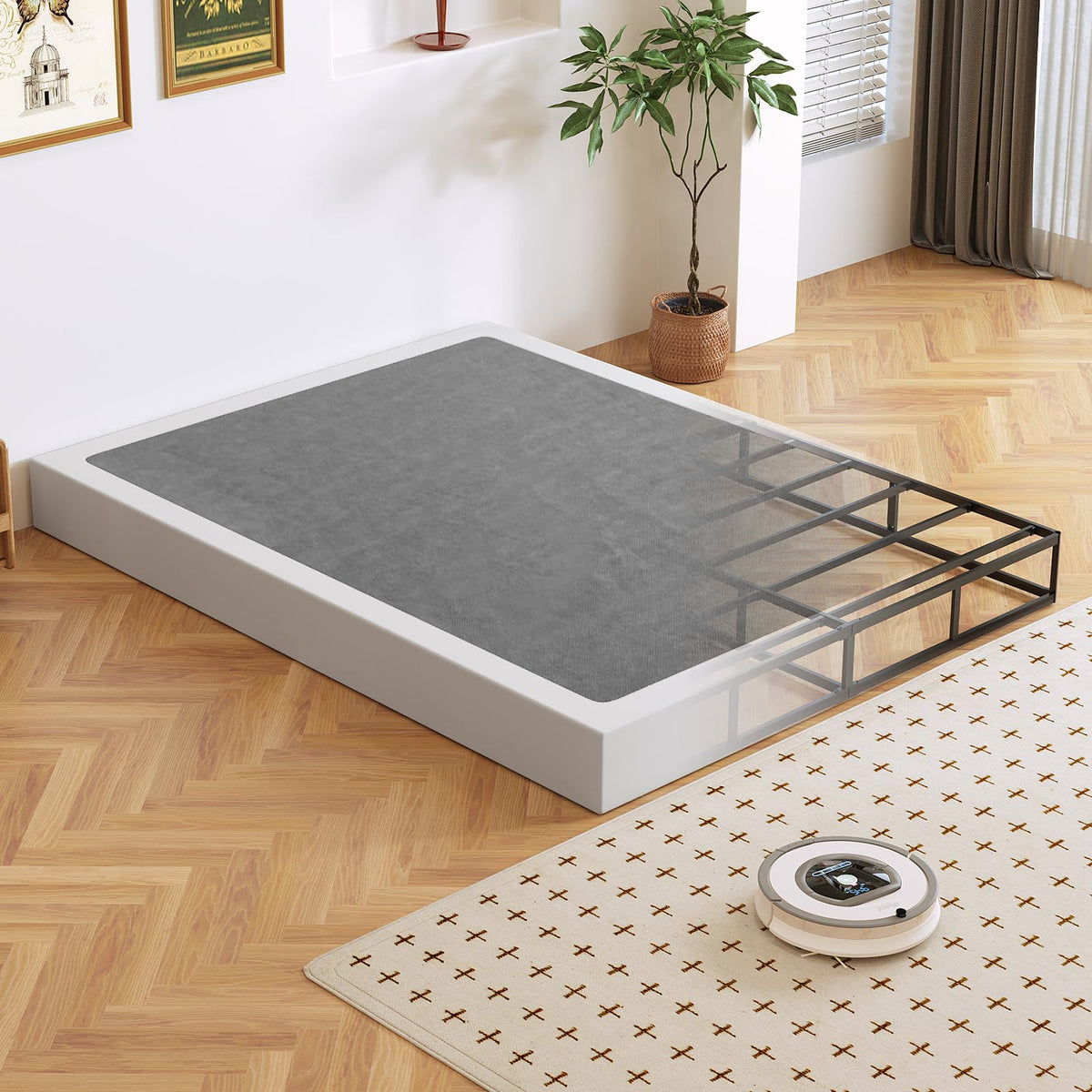 Arhomefurni box spring 7-inch queen side view shows sturdy steel frame for lasting support.