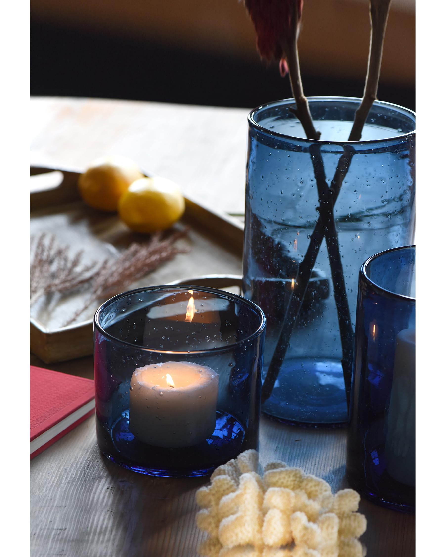 ARIAMOTION 7 inch blue cylinder hurricane for versatile table styling