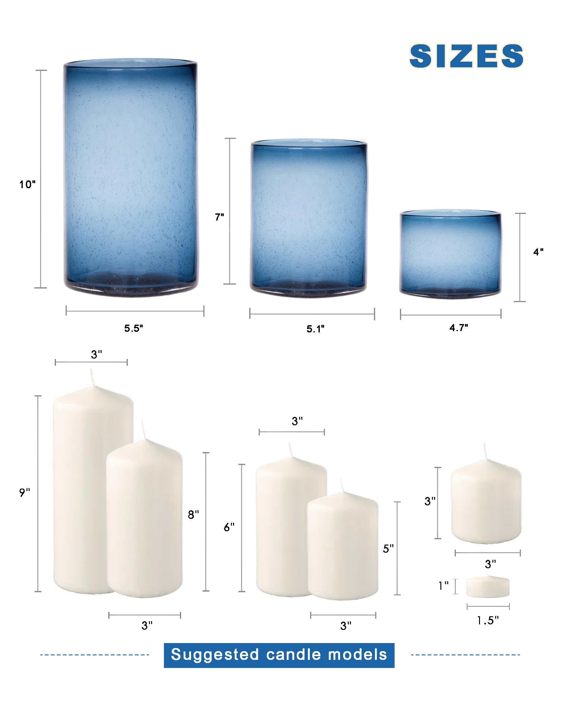 ARIAMOTION hand blown blue glass seeded bubbles hurricane vase detail