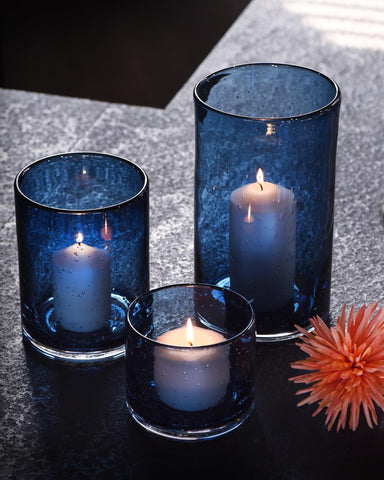 ARIAMOTION 10 inch blue hurricane holder with seeded bubbles for modern rustic decor