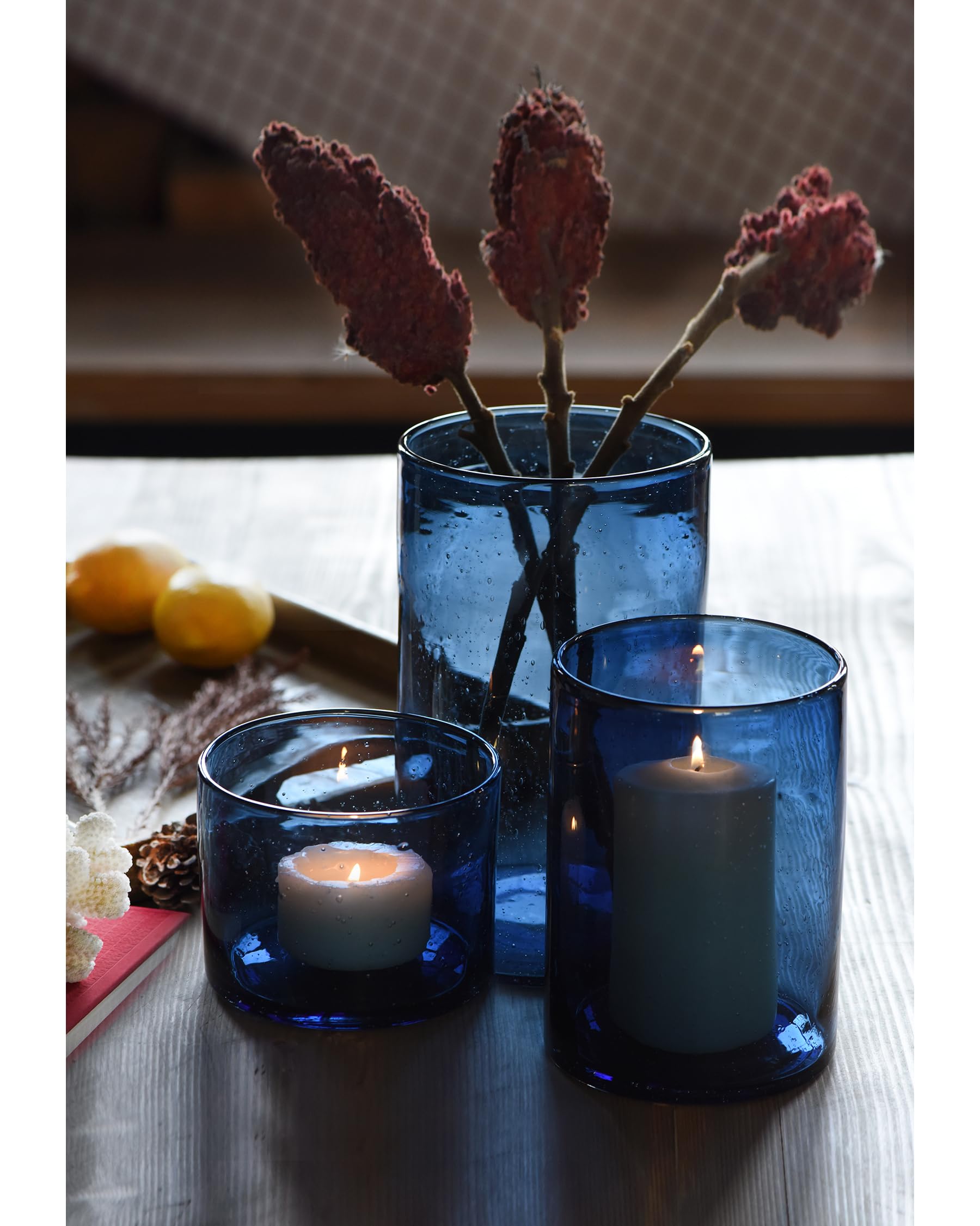 ARIAMOTION blue seeded bubbles hurricane candle holder as living room centerpiece