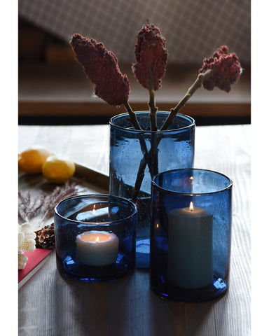 ARIAMOTION blue seeded bubbles hurricane candle holder as living room centerpiece