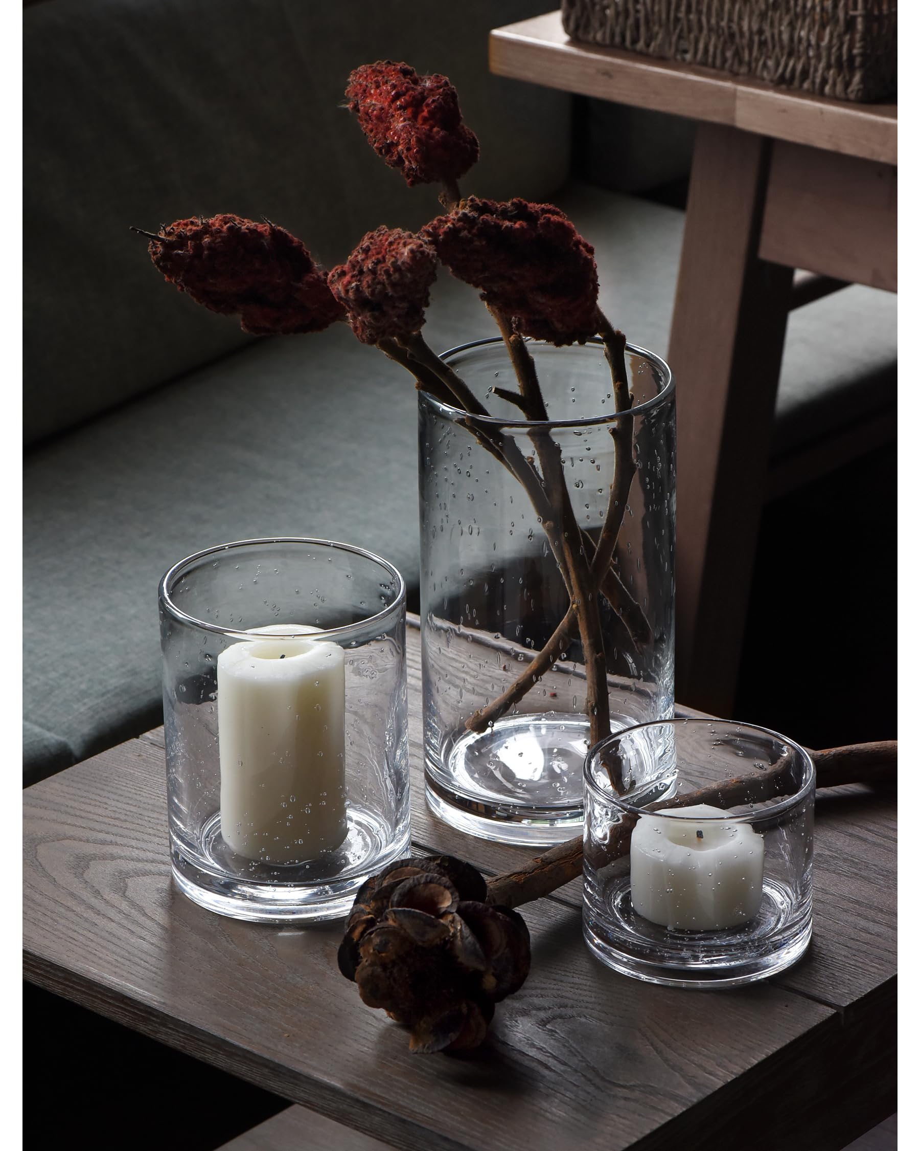 Hand blown glass cylinder by ARIAMOTION for modern farmhouse charm in living spaces.