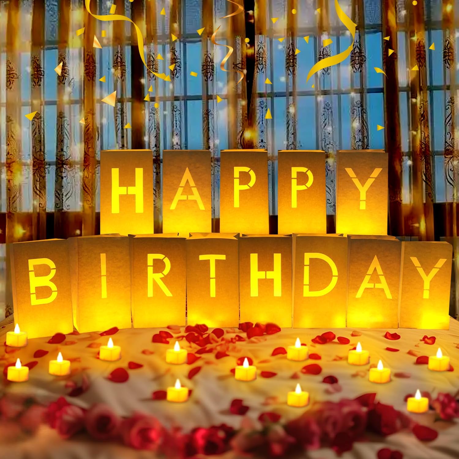 ARIKJ Happy Birthday letters glow softly to create a festive indoor ambiance.