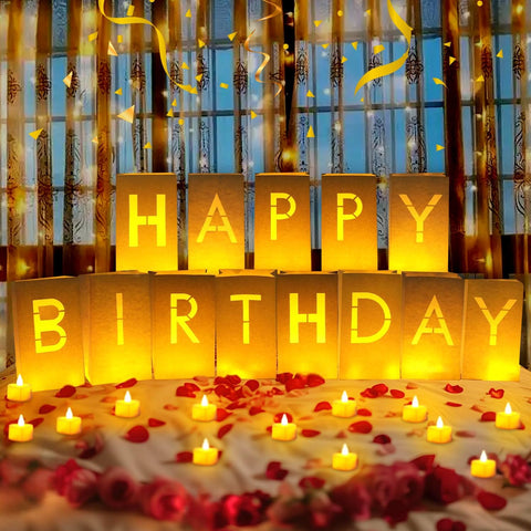 ARIKJ Happy Birthday letters glow softly to create a festive indoor ambiance.