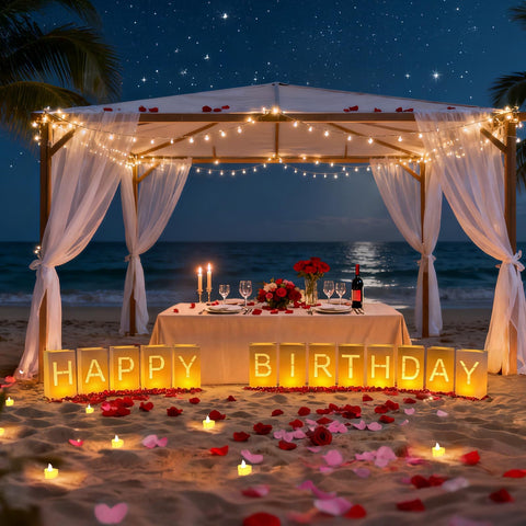 ARIKJ outdoor beach or garden party setup stabilized with rocks or sand.