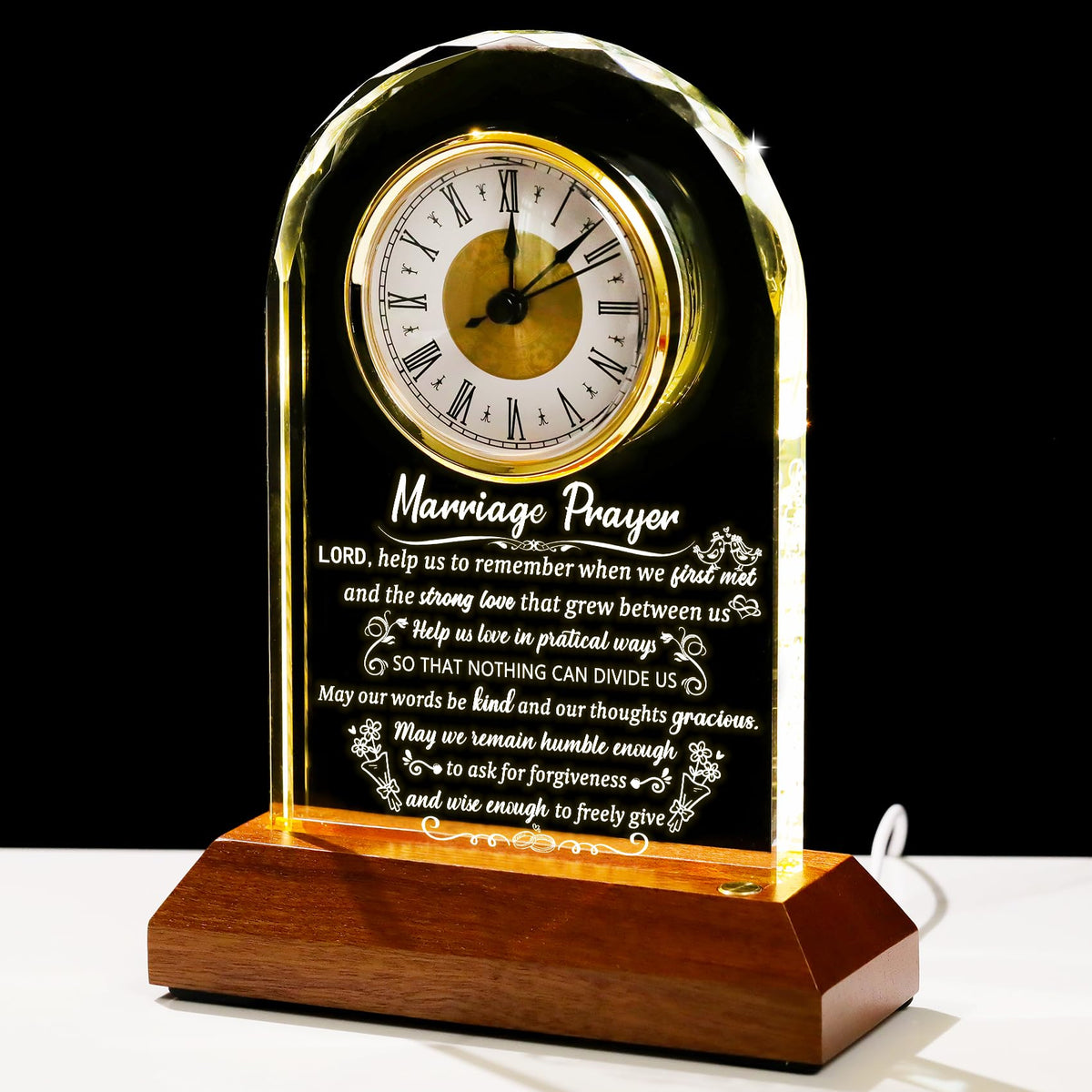 Arikyrist glass clock with wedding gift-worthy glass and wooden base adds elegance to any shelf.