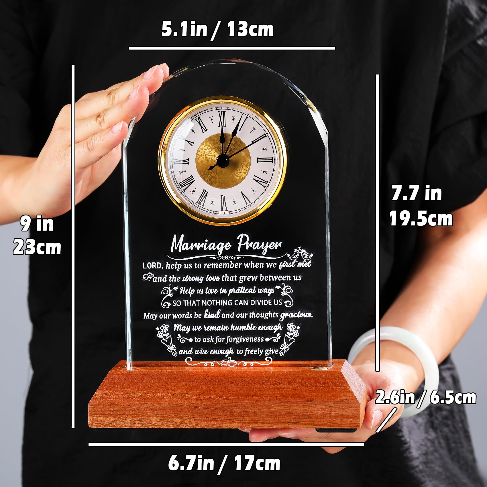 Arikyrist glass clock on wooden base glows softly for romantic room lighting.