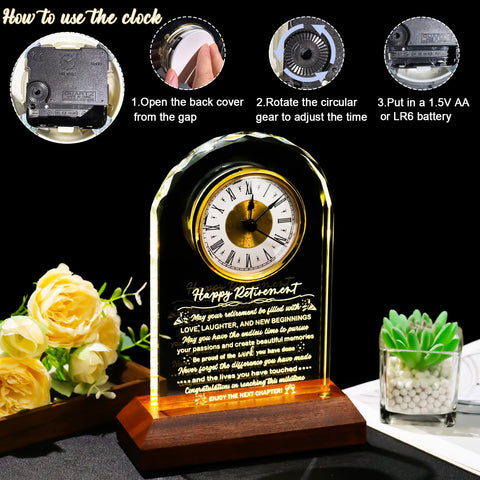 Arikyrist glass clock with wooden base light creates warm ambience.