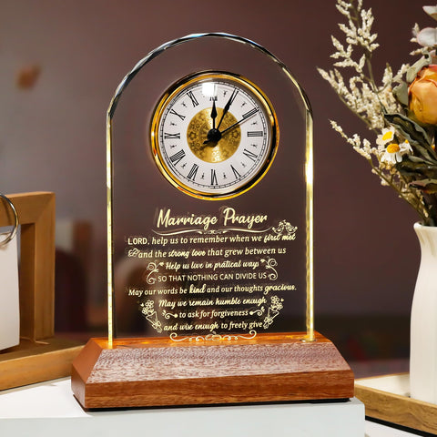 Marriage prayer clock by Arikyrist features etched quotes and a side glow.