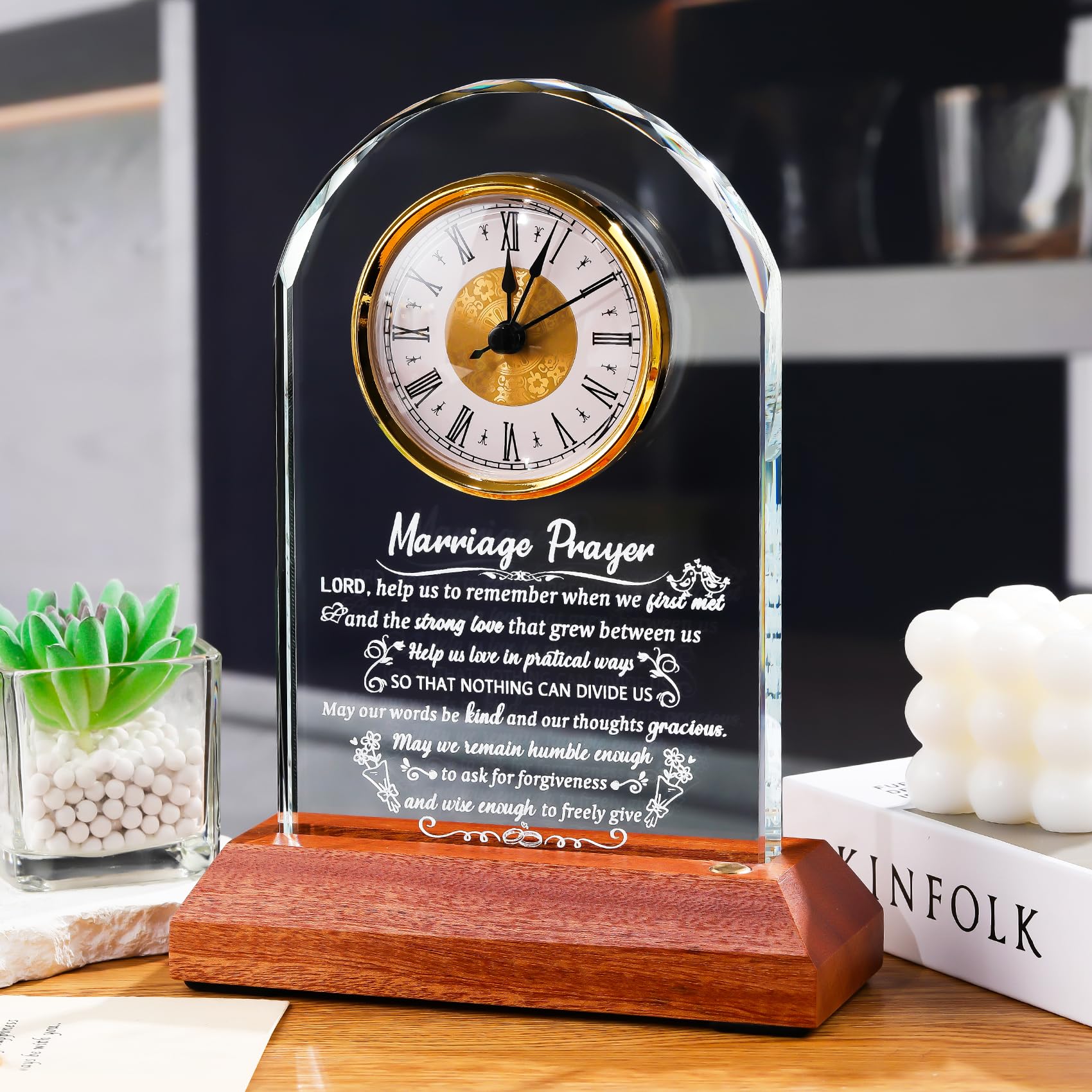 Quartz clock face combines precision timekeeping with elegant glass artistry.